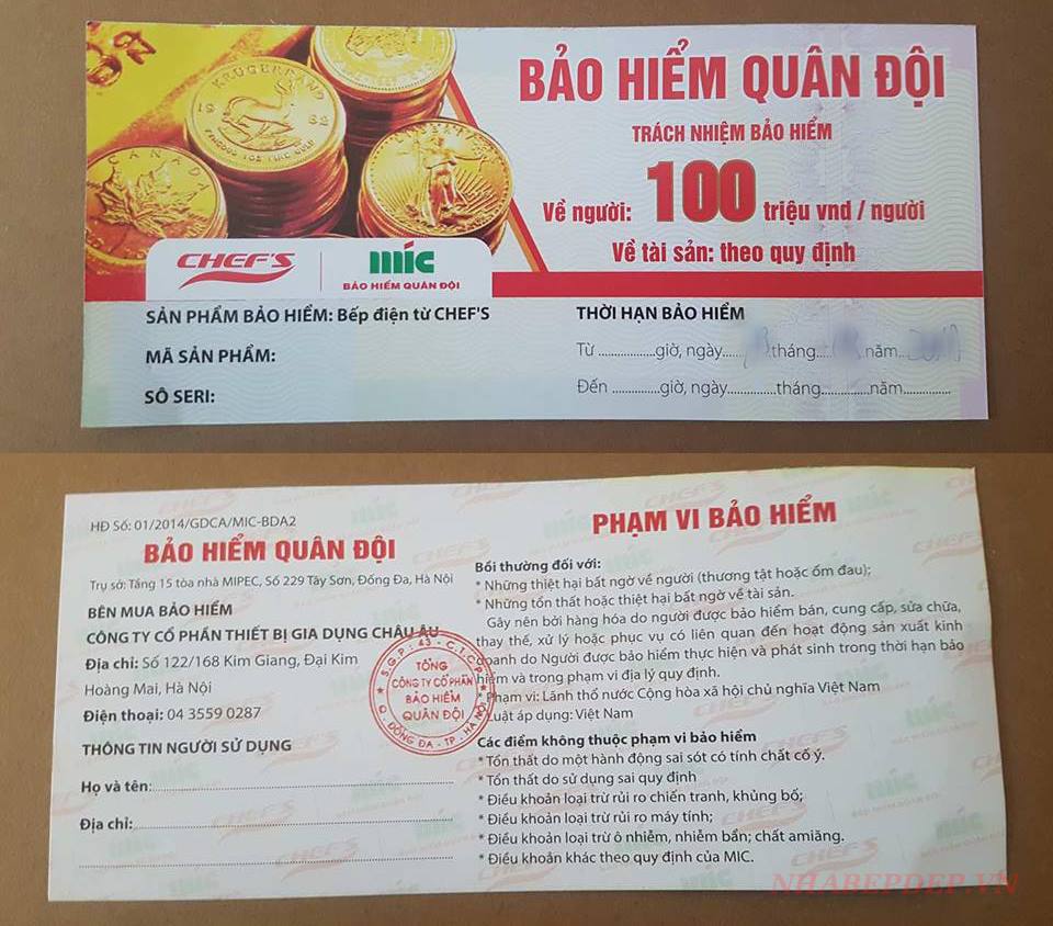 Phiếu bảo hành Chefs chính hãng