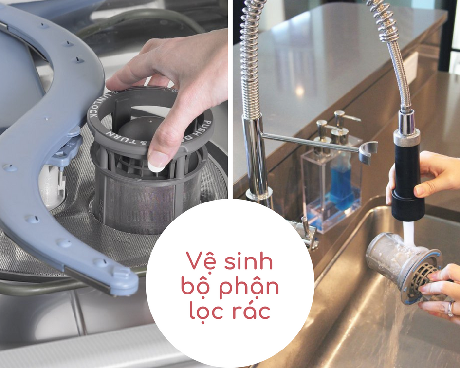 Nhẹ nhàng tháo bộ phận lọc rác khỏi máy và vệ sinh Nhẹ nhàng tháo bộ phận lọc rác khỏi máy và vệ sinh